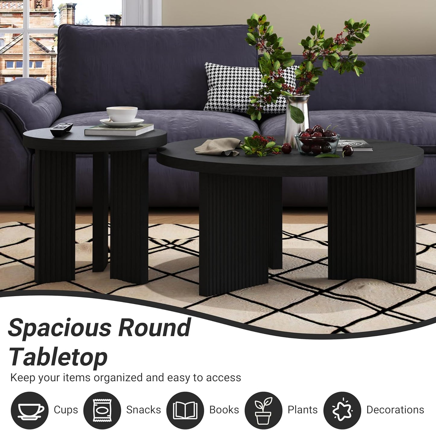 Nesting Coffee Table Set of 2, Modern Wooden Coffee Table with Smooth Thick Design, Circle Tea Table and End Table Set, Accent Center Tables for Living Room, Office, Black