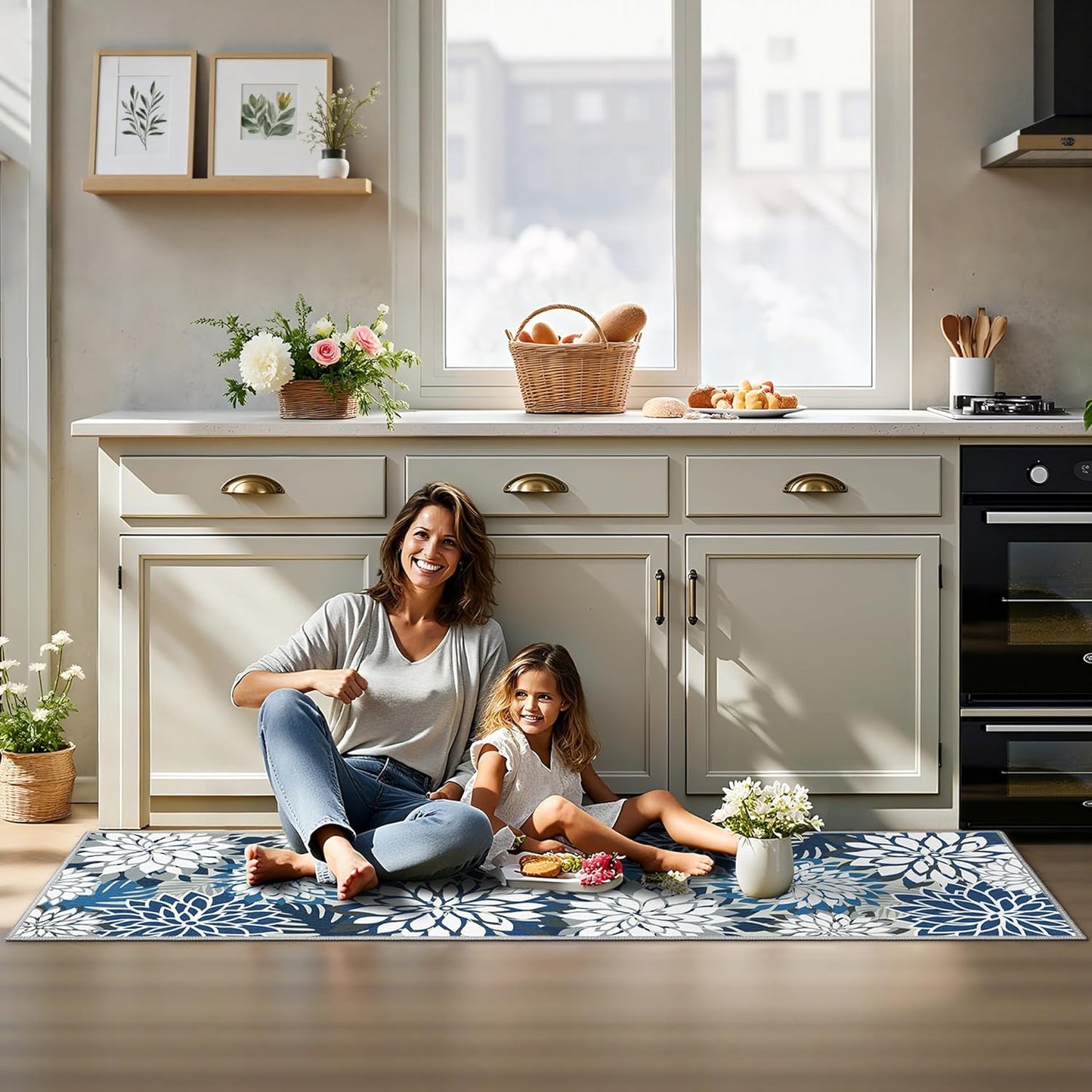 Area Rug 2x6 Blue White Washable Entry Rug Multicolored Tropical Botanical Modern Floral Indoor Kitchen Door Mat Entrance Carpet Non Slip for Bedroom Living Room, Porch