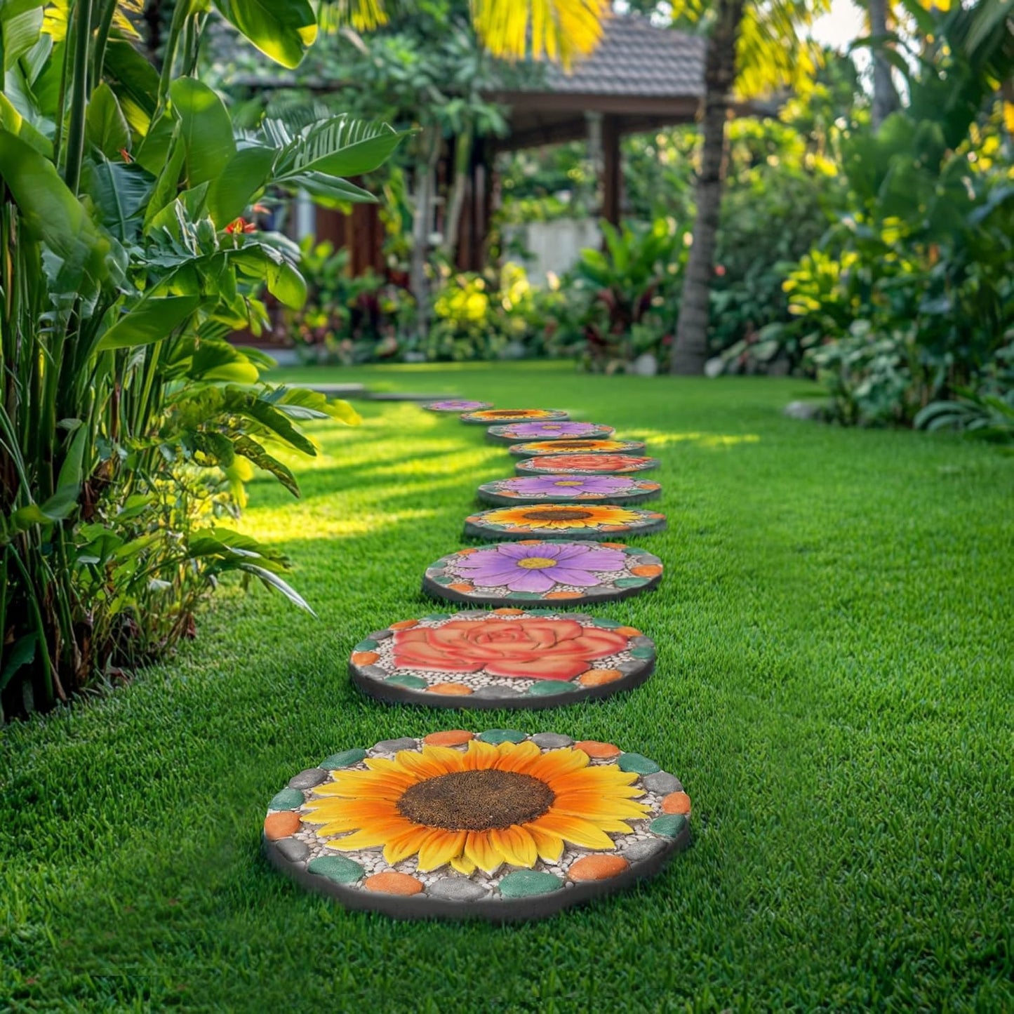 Decorative Sunflower Garden Stepping Stone - Colorful Pebble Border, Garden Stepping Stones Outdoor Yard Decor 10x10x0.75 Inches