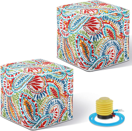 Juexica 2 Pack Ottoman Poufs Indoor Outdoor Inflatable Ottoman Stool Cube Pouffe Square Footstool with Handle for Patio Garden Home Boho Decorative Living Room, Bedroom(16 x 16 x 16 Inches)