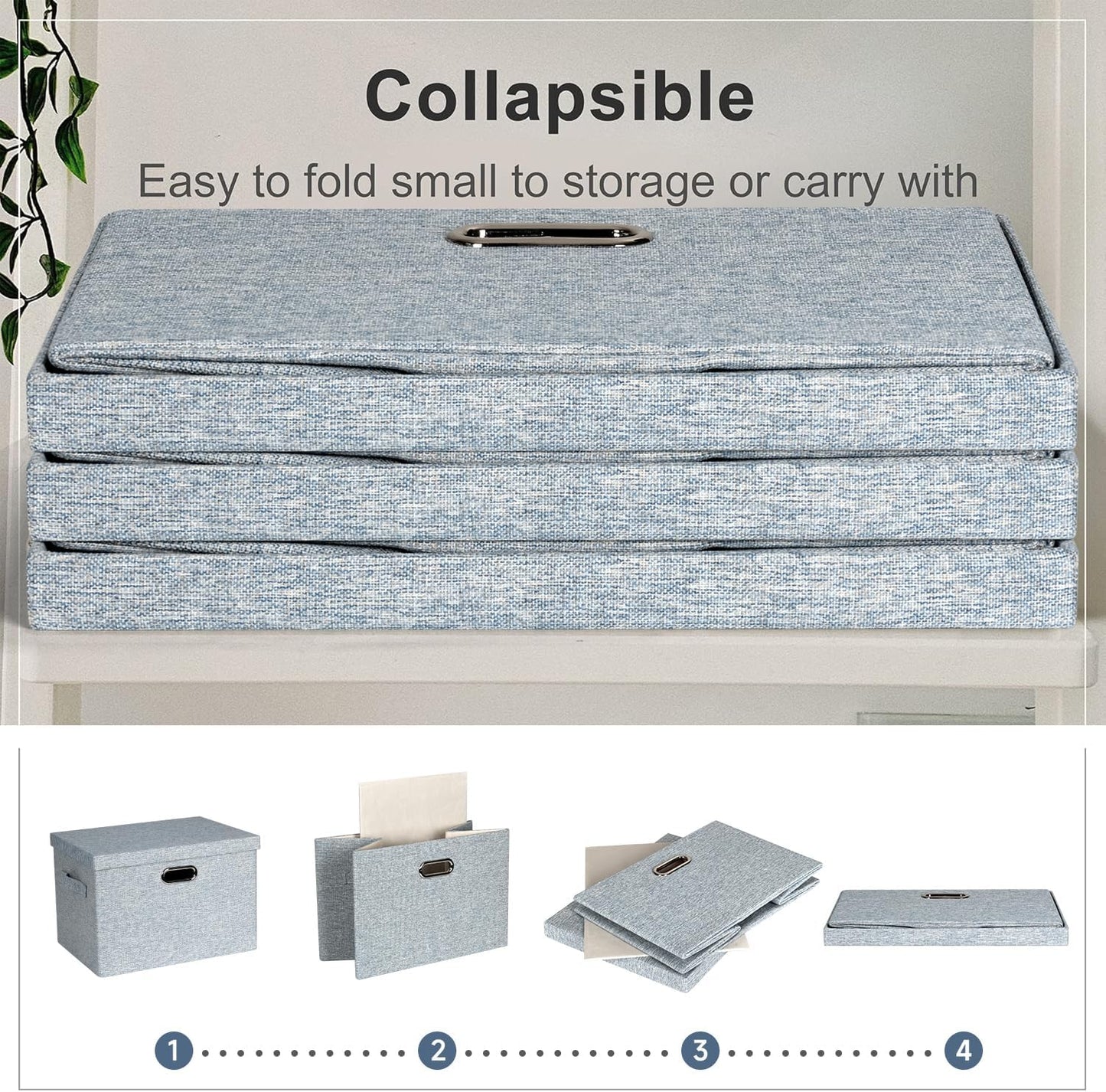 Large 17" 36 Quart Collapsible Stackable Storage Bins with Lids, 3 Packs Blue-Grey Linen Fabric Closet Boxes with Lids, Storage Cube Baskets Container Organizers for Bedroom (17x12x11)