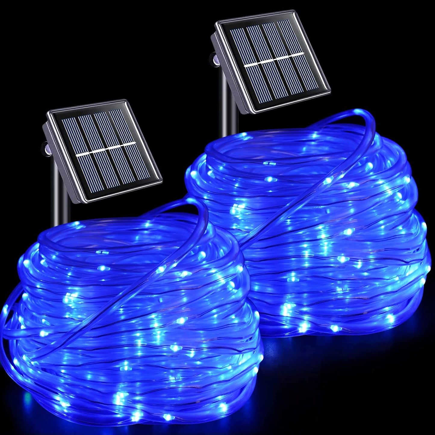 YEGUO 2 Packs Each 33ft 100 LED Solar Rope Lights Outdoor Waterproof, Solar Pool Light Blue, 8 Modes Solar Fairy Lights in Clear Thin Tube Outside for Camping Fence Patio Garden Trampoline Deck