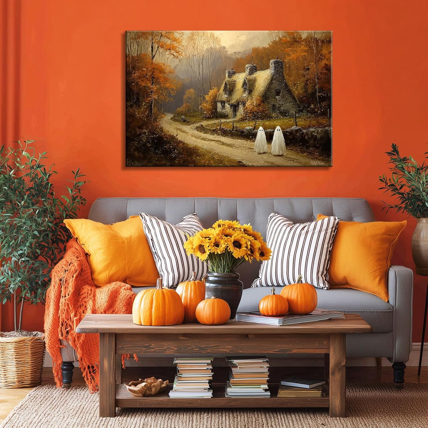Laoife Halloween Canvas Wall Art, Vintage Spooky Farmhouse Autumn Rustic Landscape Wall Decoration, Ghost on Rural Roads for Living Room Bedroom Home Decor (Ghost 2)