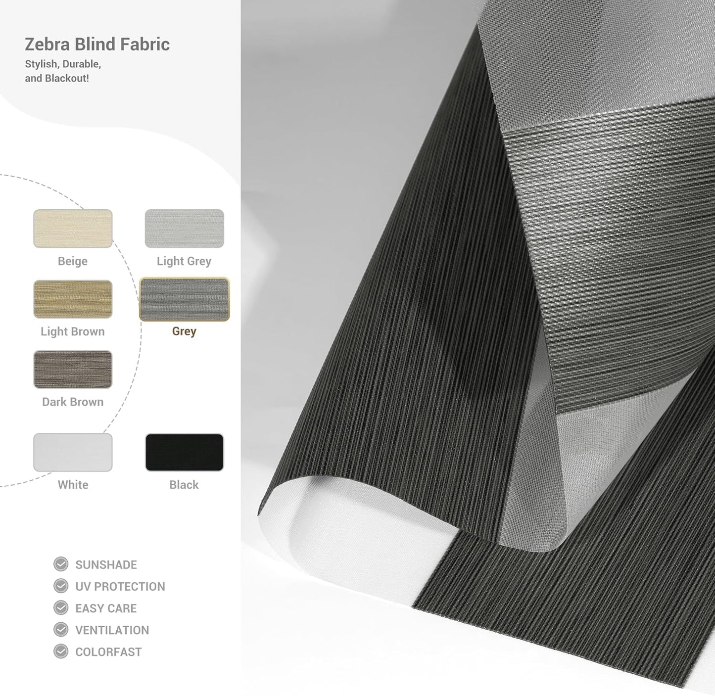 Cordless Zebra Blinds for Windows, Blackout Interior Blinds,Easy to Install,UV Protection,for Offices and Home,Custom Roller Shades, Mousse Grey,39" W x 64" H