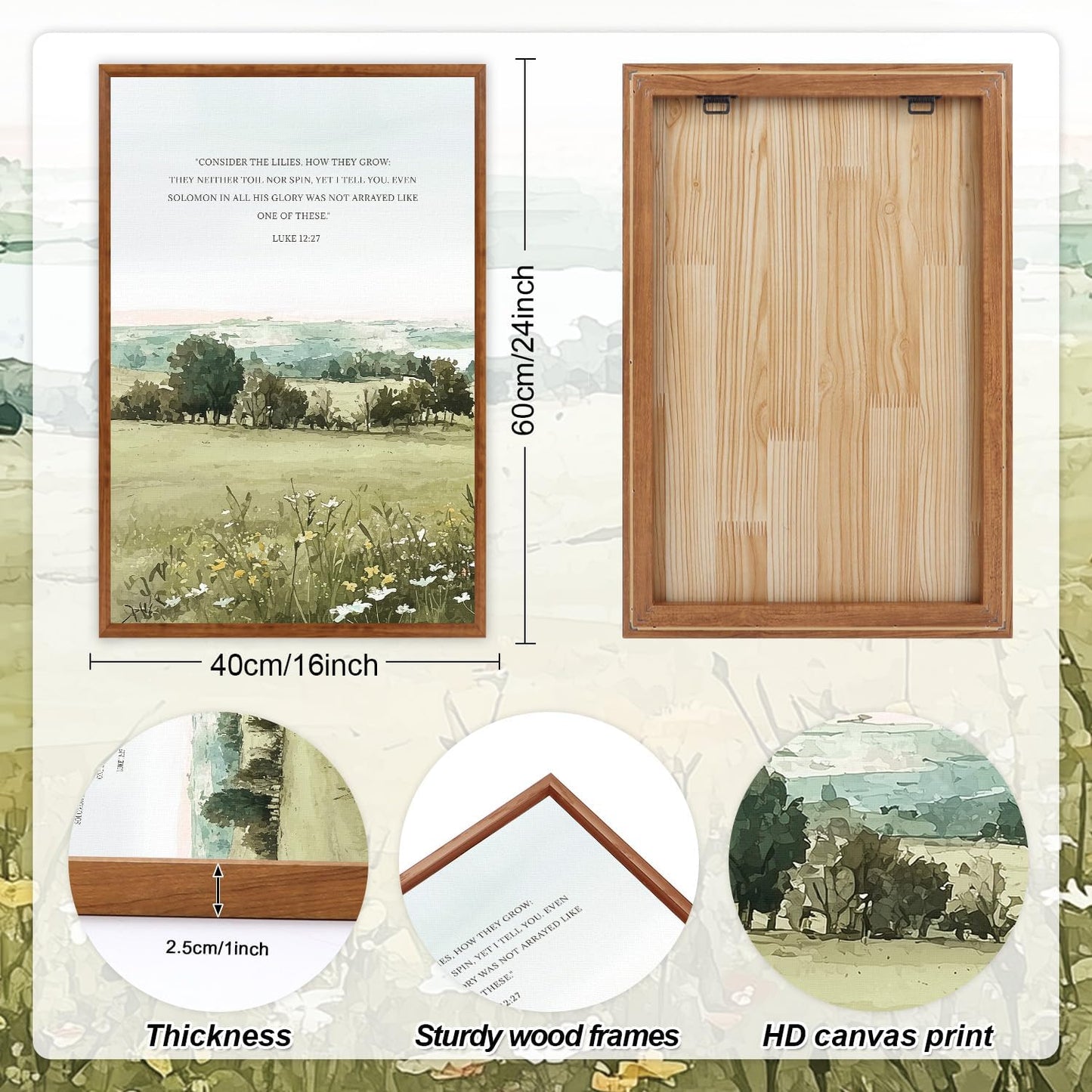 KAIRNE Scripture Christian Canvas Wall Art,Bible Verse Prints Set of 3(16”X24”),Modern Scripture Floral Wall Decor,Framed Green Countryside Field Paintings for Living Room Bedroom Ding Room Decor