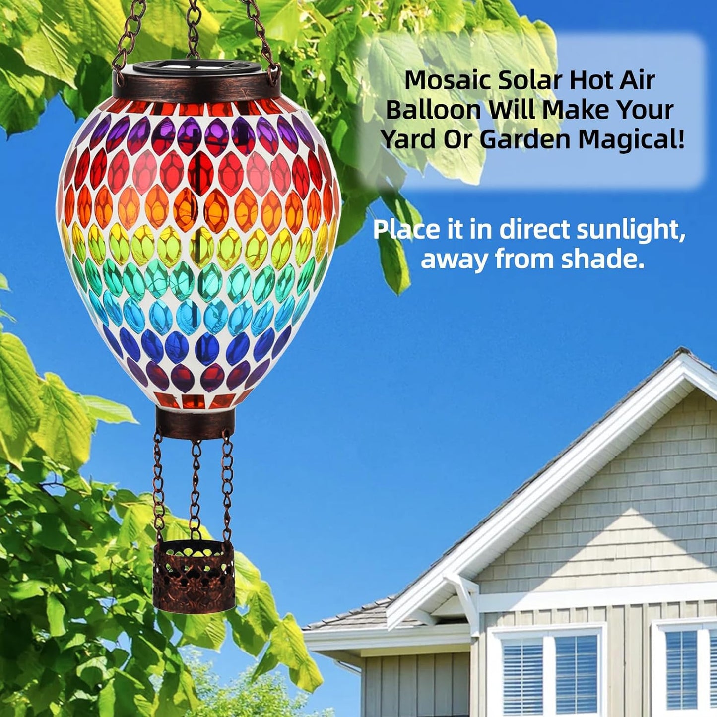 VOREEN Hot Air Balloon Solar Lantern, Mosaic Solar Outdoor Hanging Wind Light, Waterproof, Patio Festive Decor, Gift for Mom Wife Friend, Rainbow Pattern