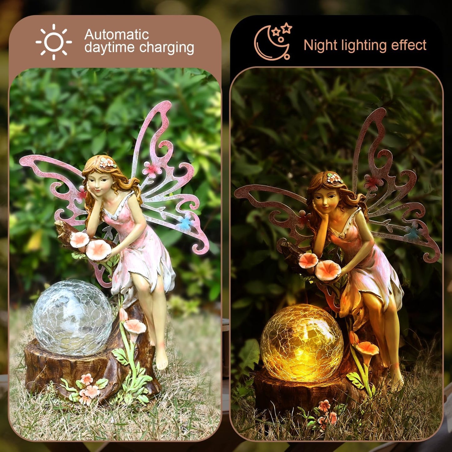 Garden Fairy Statue Outdoor Decor-Solar Flower Fairy Figurines-Garden Fairies Statues Decoration for Outside Lawn Yard Patio,Garden Ornament Gift,Tall 11.8 Inches