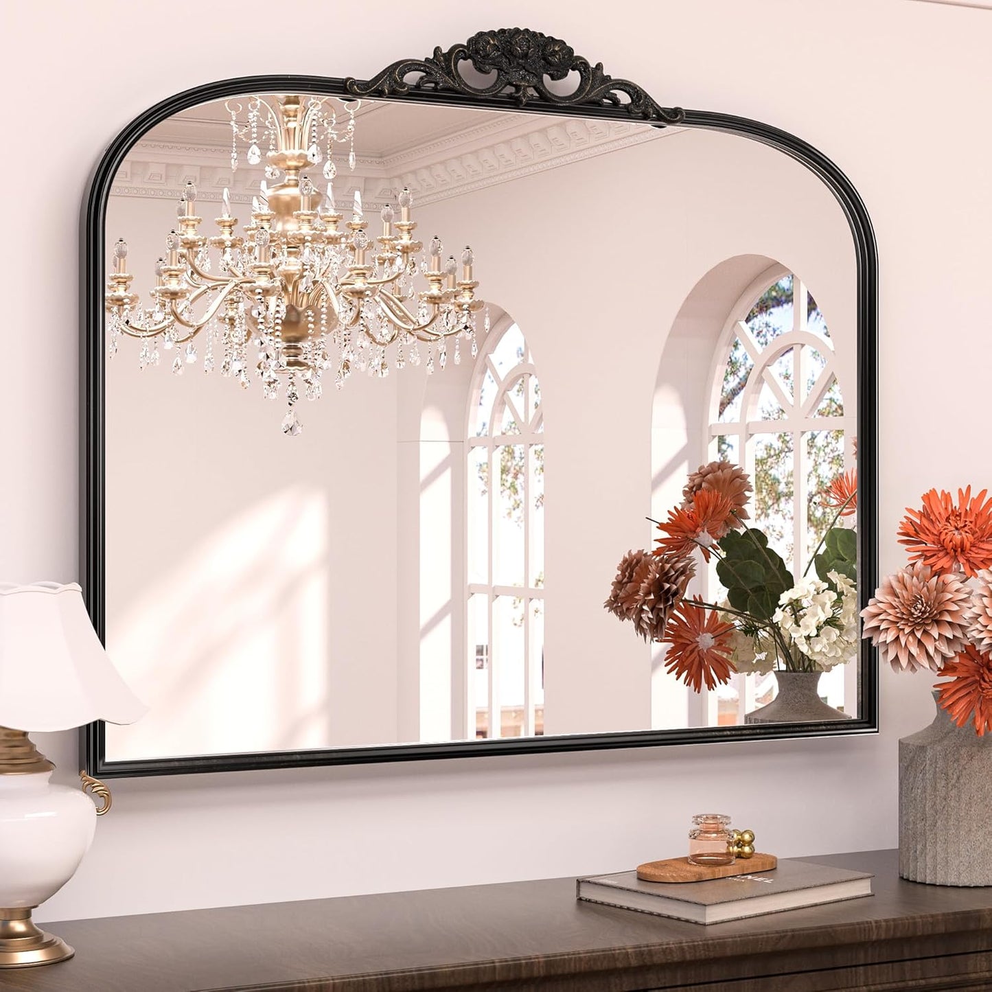 Keonjinn Vintage Mirror 40" x 30", Large Black Antique Mirror with Metal Frame, Ornate Arched Mirrors for Wall, Baroque Decoration for Mantle, Bathroom, Living Room, French Cleat Mounting