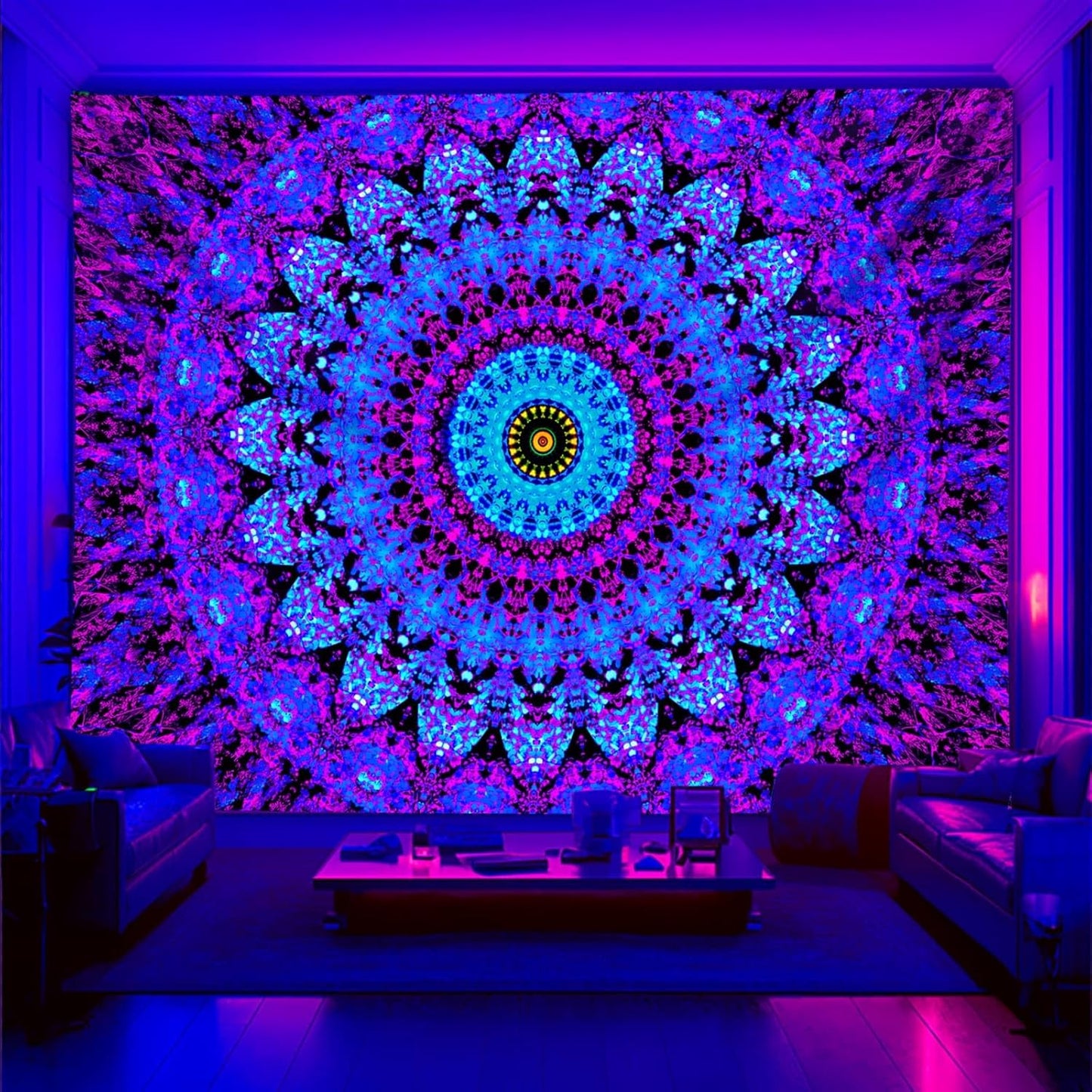 Blacklight Mandala Boho Tapestry, Black Light Bohemian Hippie Poster for Adults and Teens, UV Reactive Aesthetic Wall Art Decor for Bedroom (40 x 30 Inches)