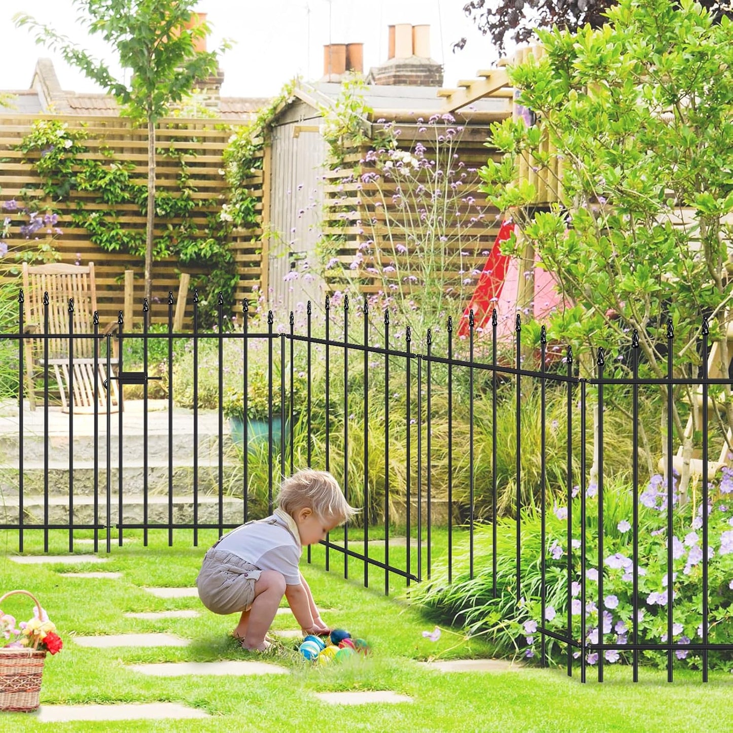 Metal Garden Fence with Gate 36 in H x 12 ft L, 1 Gate + 5 Panels Border Dog Fence Panels Animal Barrier, No Dig Garden Fencing for Yard Patio Flower Bed Lawn Outdoor, Arch Black