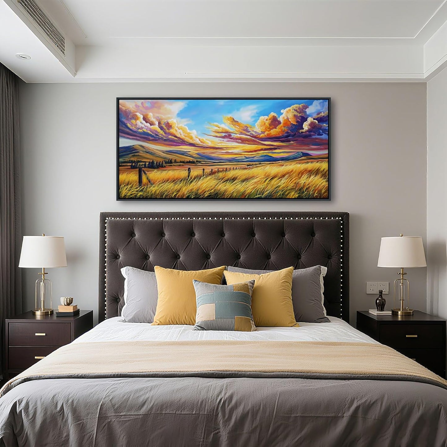 QZQCBLC Yellow Canvas Wall Art, Fall Grass Clouds Landscape Paintings Artwork Endless Mountain Range Rustic Scenery Wall Pictures for Living room Bathroom Bedroom Home Office Decor 20x40 IN