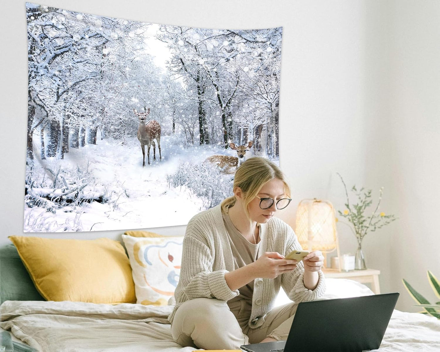 QGHOT Winter Tapestry Wall Hanging, Snow Scene Backdrop Winter Wonderland Wall Decor Snowy Forest Wall Art Nature Woodland Deer Tapestry for Bedroom Room Dorm Party Decoration, Extra Large