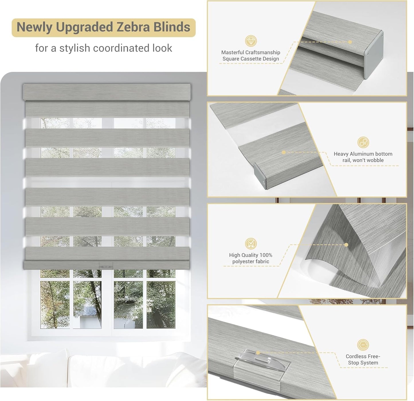 Cordless Zebra Blinds for Windows, Blackout Interior Blinds,Easy to Install,UV Protection,for Offices and Home,Custom Roller Shades, Mousse Light Grey,51" W x 64" H