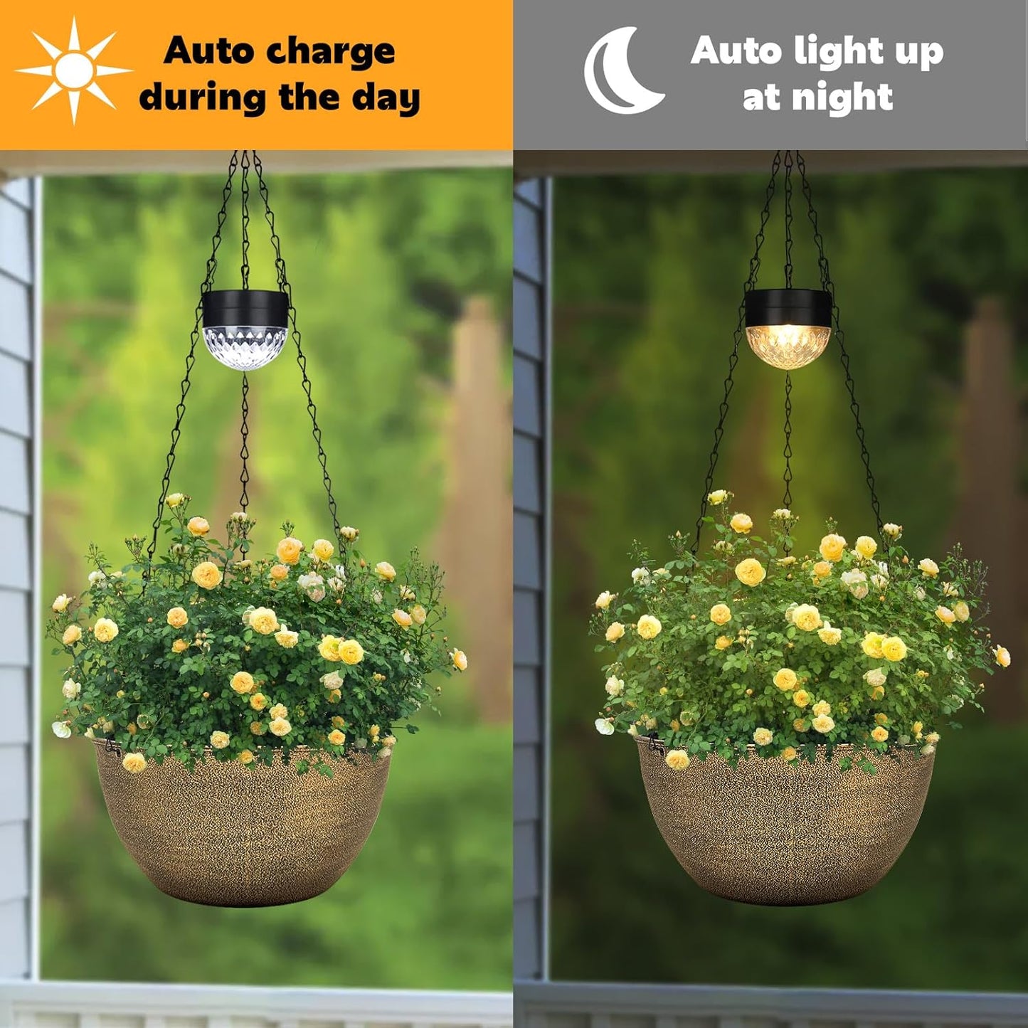 2 Packs Hanging Planters Basket for Outdoor Plants, Solar Powered Self Watering Copper Round Plastic Flower Pots with Drainer for Balcony Patio Garden Outdoor Decoration