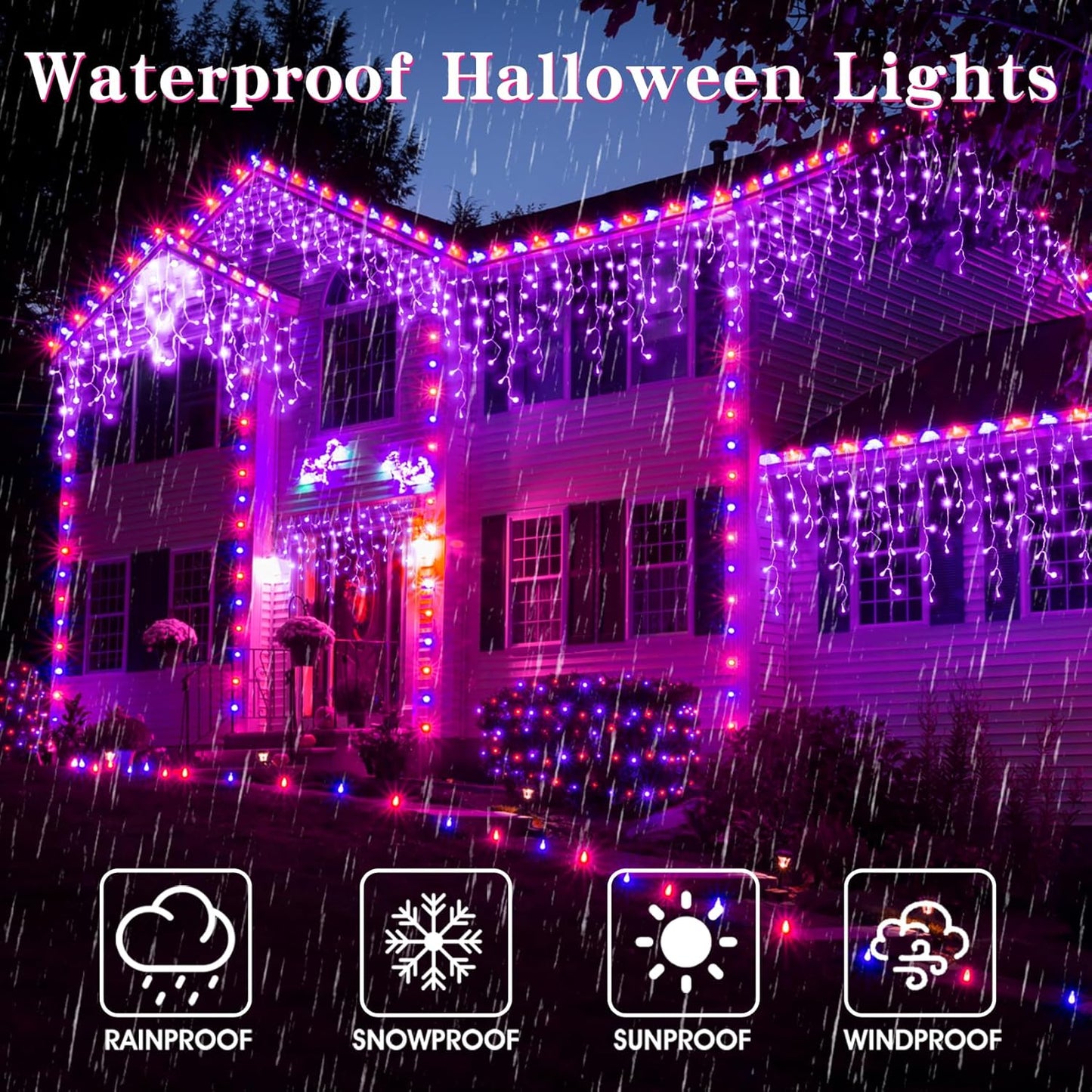 YiYLunneo Halloween Icicle Lights Outdoor, 512 LED 46.5 FT 8 Lighting Modes with Timer & Memory, Curtain Fairy String Lights with 96 Drops for Halloween Decorations Holiday Party Eaves Yard (Purple)