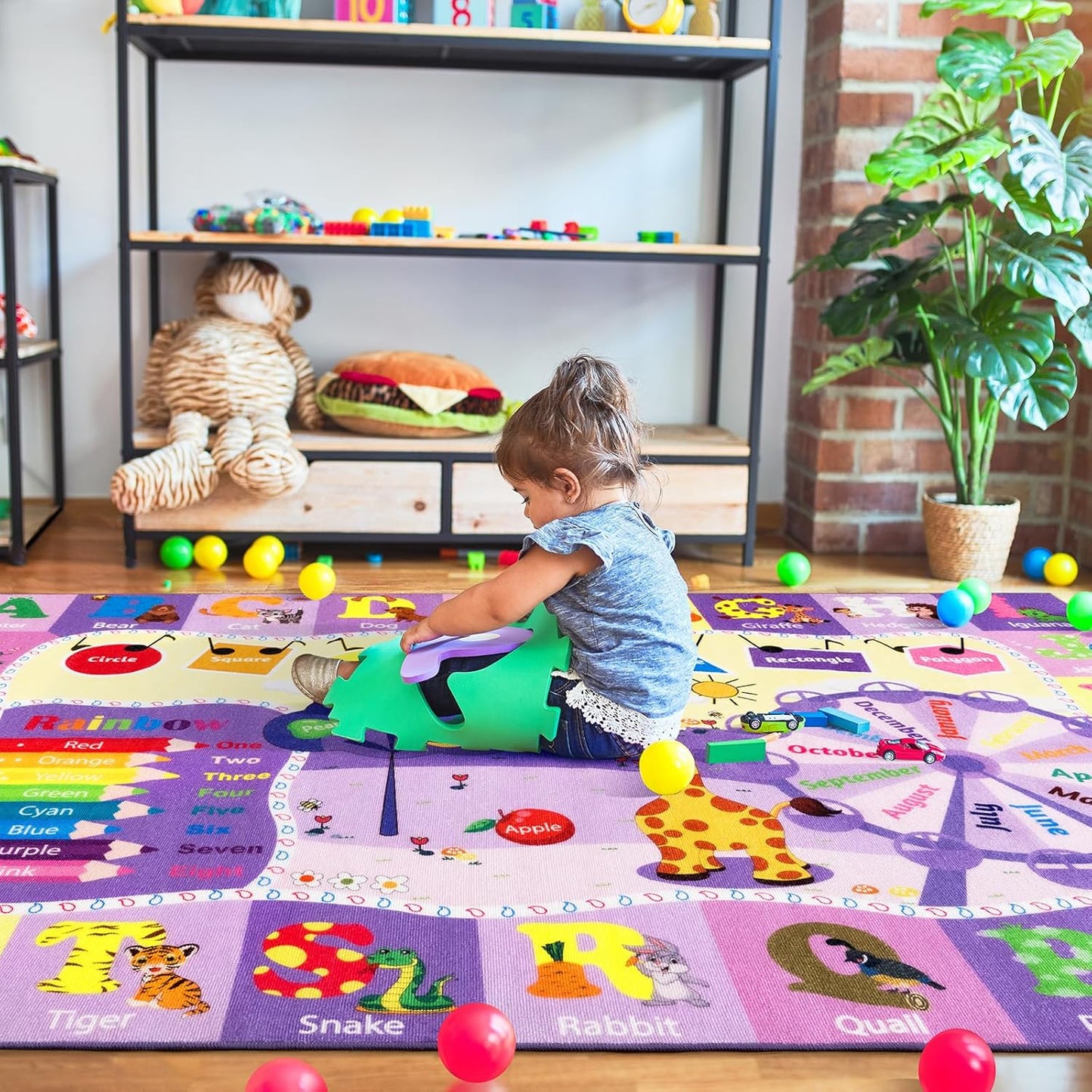 Kids Rugs for Playroom Bedroom Classroom Nursery, Non-Slip and Washable Rugs for Children Toddlers Girls, Educational and Fun Rug Carpets with ABC Alphabet Animals Shapes, 3x5, Purple