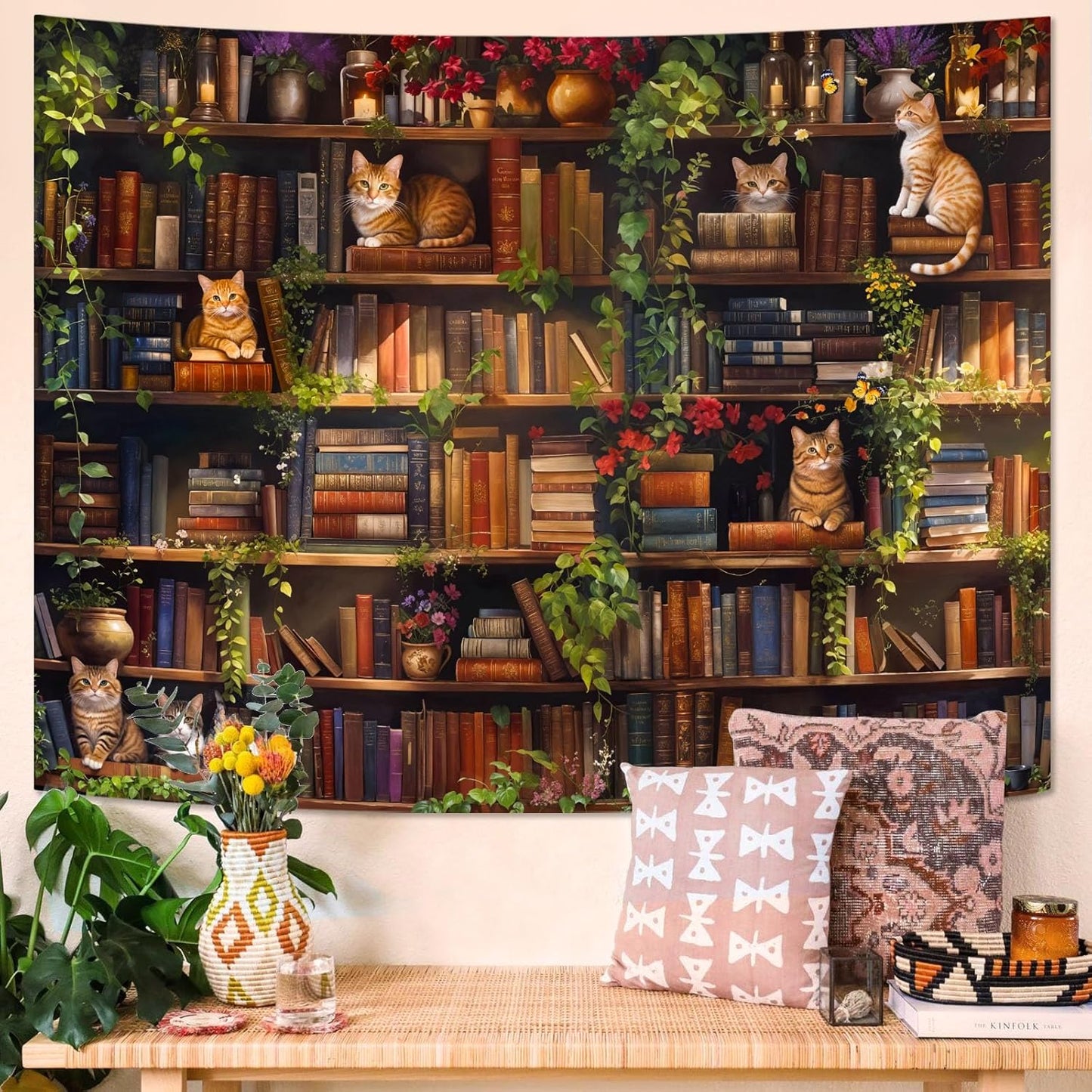 Accnicc Plant Cat Bookshelf Tapestry Botanical Floral Flower Cats Book Tapestries Wall Hanging Vintage Library Small Tapestry for Bedroom Living Room Dorm 60 x 44 inch