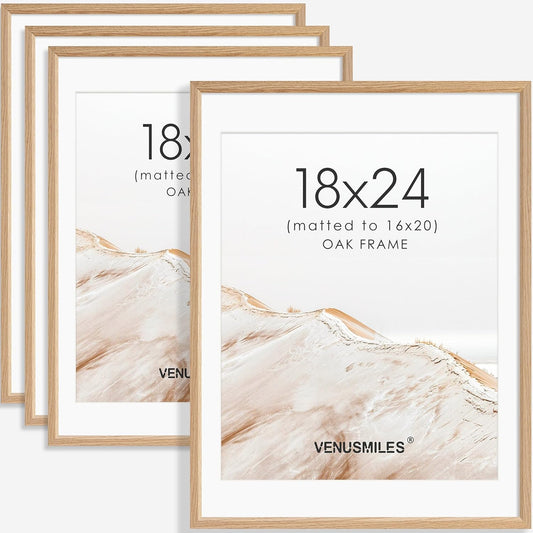 18x24 Poster Frame Set of 4 Natural Solid Oak Photo Frames with 16x20 Removable Mat Wall Hanging Large Handcrafted Frame with HD Plexiglass Wall and Tabletop Display Large Picture Frame
