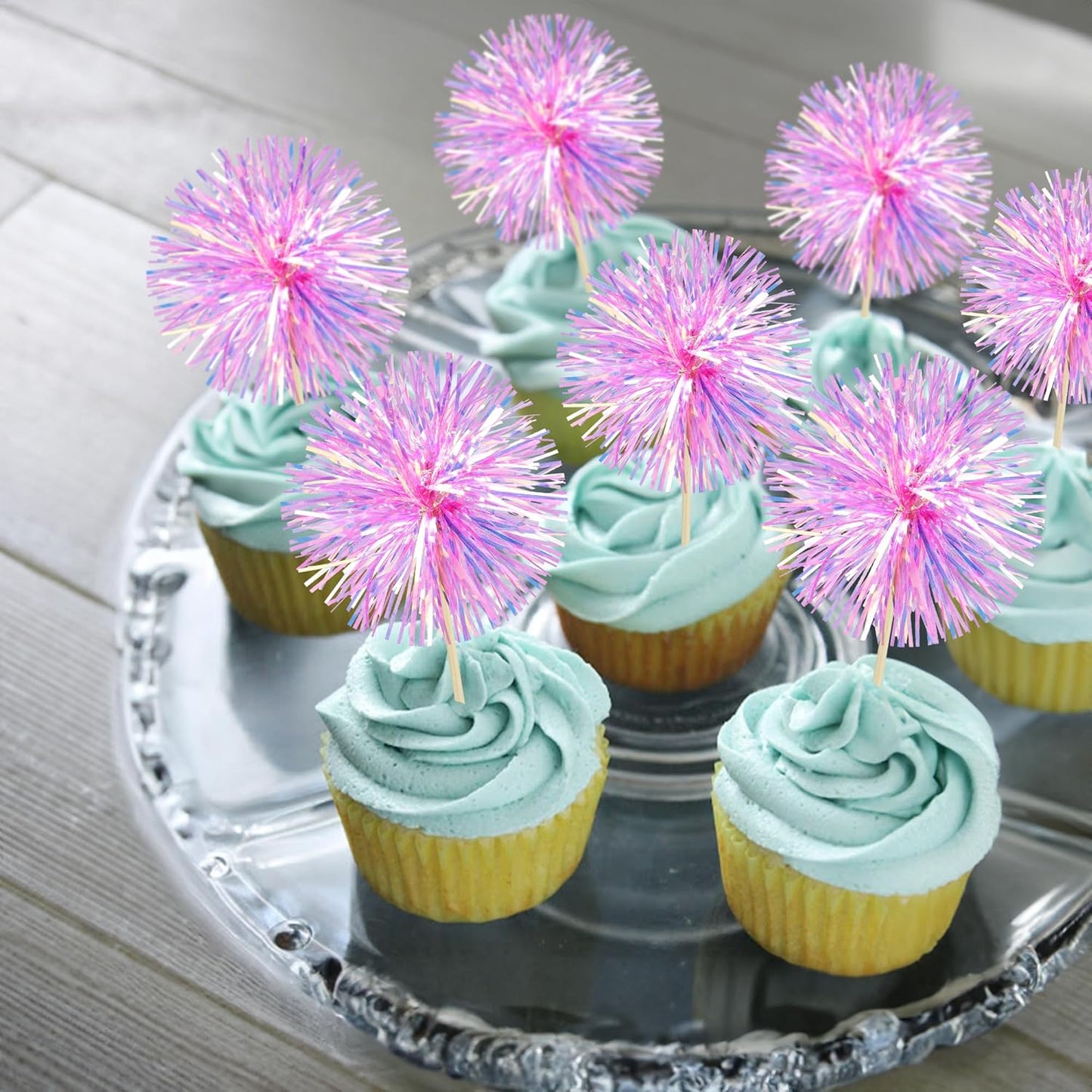 Ephlyn 30Pcs Foil Firework Cupcake Toppers Party Birthday Cake Toppers Supplies Sparkle Tinsel Cocktail Fruit Toothpick for Birthday Wedding Graduation Party Rose Red