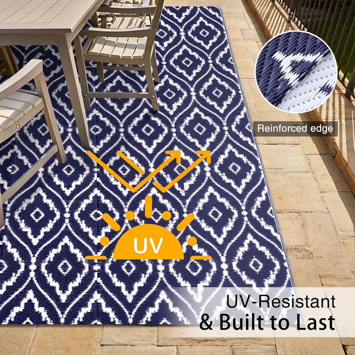OLANLY Outdoor Rug 5x8 ft Waterproof, Outdoor Plastic Straw Rug with Geometric Pattern Clearance, Reversible RV Mat for Patio, Camping, Balcony, Deck, Backyard, Navy & White