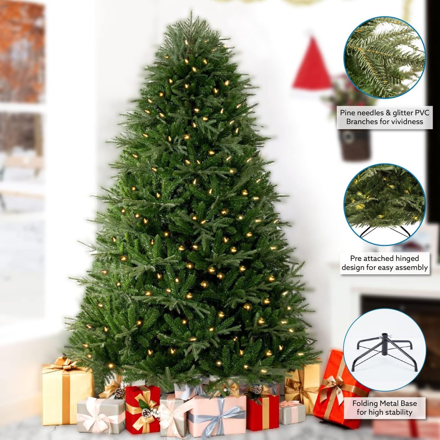 Camden 6.5ft Prelit Artificial Christmas Tree with Foot Pedal, 2041 Branch Tips, 400 Warm Lights and Metal Stand, 51" Wide Realistic Hinged Christmas Tree with Lights by Naomi Home