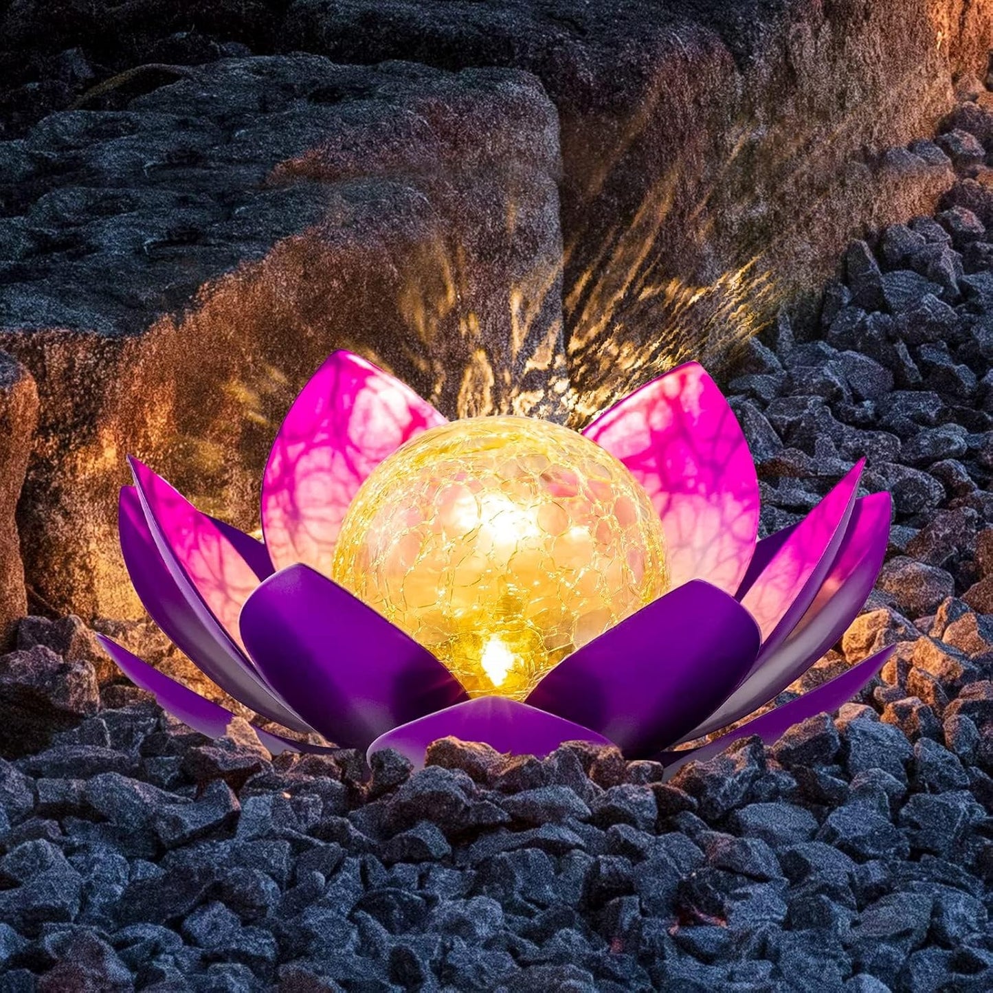 Solar Light Outdoor(2Pack), Art Crackle Globe Glass Lotus Decoration, Solar LED Waterproof Purple Metal Flower Lights for Patio,Lawn,Walkway,Tabletop