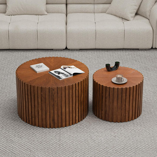 Round Nesting Coffee Table, Drum Wood Coffee Table Set of 2 Brown, Modern Fluted Nesting Tables Circle Center Table 2 Piece for Small Spaces Living Room Bedroom Balcony Office, No Assembling