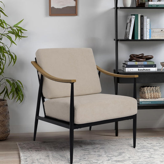 Modern Accent Chair for Living Room Bedroom Mid Century Arm Chair Upholstered Office Accent Chair Comfy Waiting Room Chair with Metal Frame, Beige