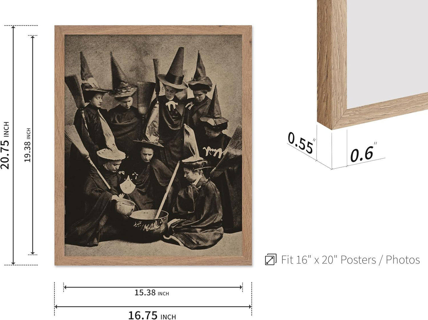 Poster Master Vintage Photograph Poster - Retro Halloween Print - Gift for Artist, Friend - Witches Cooking, Pointy Hats, Broomsticks, Black Magic - Wall Decor for Bedroom, 16x20 Beige Framed
