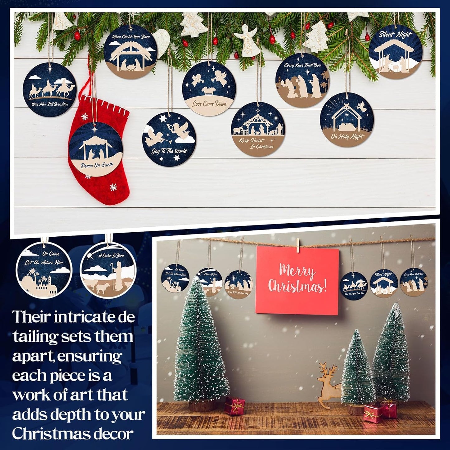 Soaoo 60 Pcs Nativity Scene Christmas Tree Ornament Christian Religious Ornaments Bulk Round Nativity Xmas Tree Hanging Wooden Decorations for Garden Yard Outdoor Home(Classic Style)