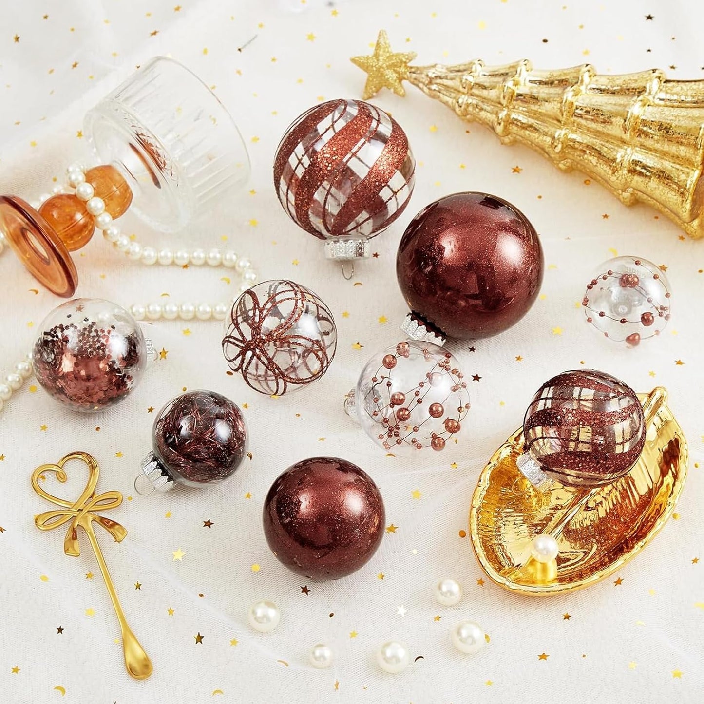 Clear Christmas Ball Ornaments,24ct Shatterproof Plastic Decorative Christmas Ornaments Hanging Xmas Tree Baubles Set with Stuffed Delicate Glittering Decorations for Holiday Party Home Decor (Brown)