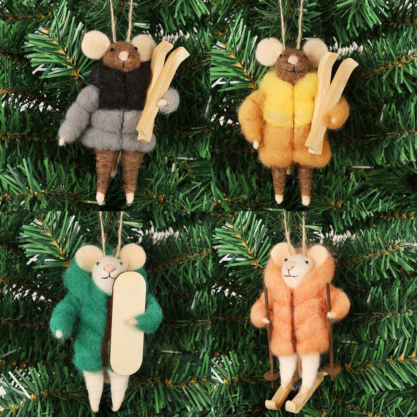 Set of 4 Christmas Felt Skiing Mice Ornaments, 4.7" Mini Winter Hanging Wool Mouse Figurines, Tiered Tray Tabletop Decor, Animal Crafts Xmas Tree Holiday Easter Gifts Home Office Party Supply