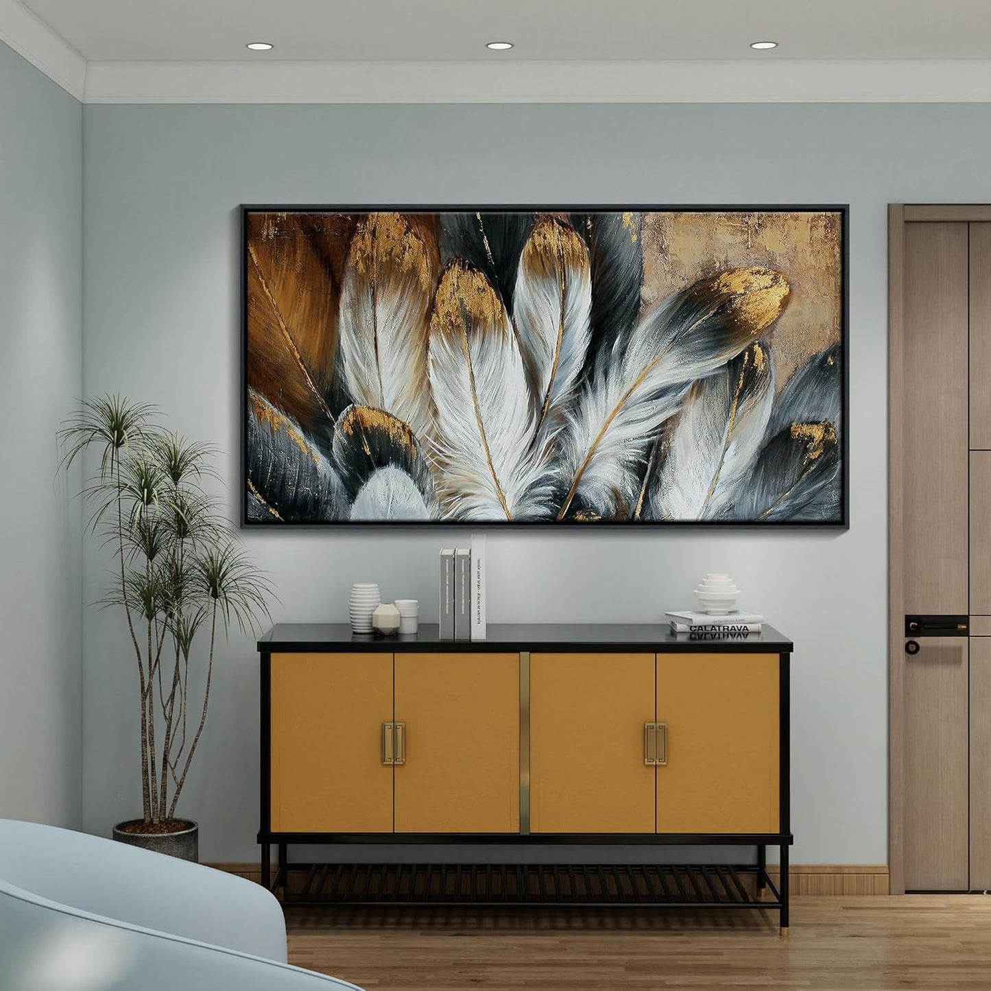 Mofutinpo Framed Wall Art Modern Living Room Bedroom Wall Decoration Large Canvas Painting Artwork for Home Decor Gold Brown Feather Picture Ready to Hang 30x60 Size Black Framed