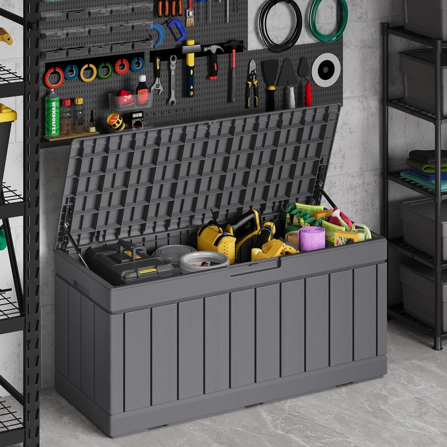 Devoko 80 Gallon Deck Box, Waterproof Resin Outdoor Storage Box for Outside and Patio, Outdoor Storage Bench Lockable for Patio Furniture, Garden Tools and Pool Supplies (Grey, 80 Gallon)