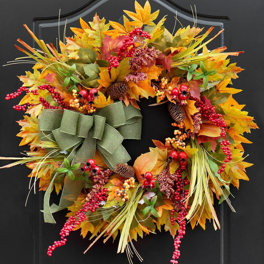 24 Inch Fall Wreaths for Front Door Outside– Artificial Silk Autumn Door Wreath with Green Bow, Maple Leaves, Pine Cones, Red Berries– Indoor Outdoor Thanksgiving Farmhouse Home Wall Decor