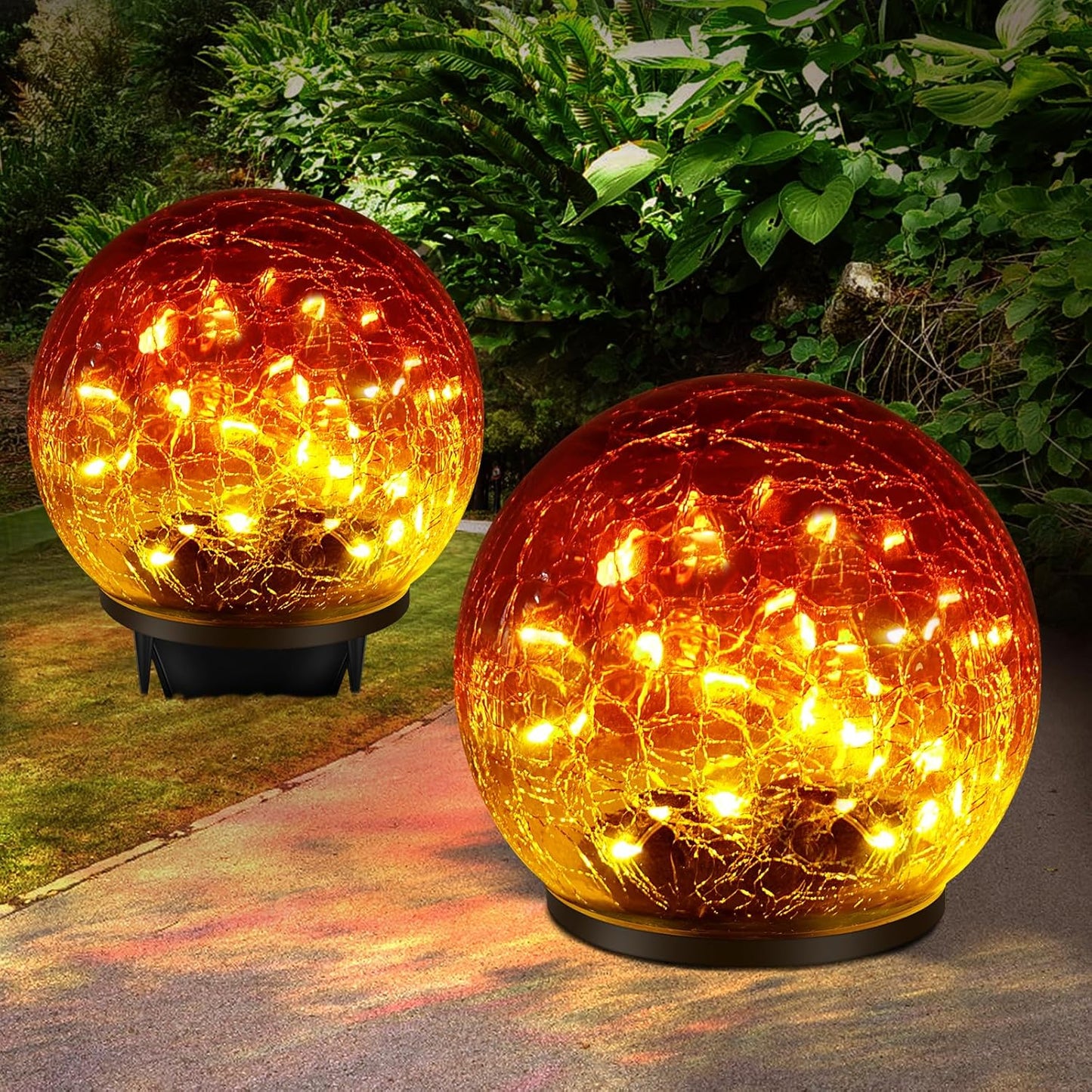 2 Pack 60 LED Garden Solar Outdoor Lights Decorative, Gradient red Cracked Glass Solar Globe Lights, Upgraded Waterproof Ball Lights for Yard Pathway Patio Lawn Christmas Outside Decor