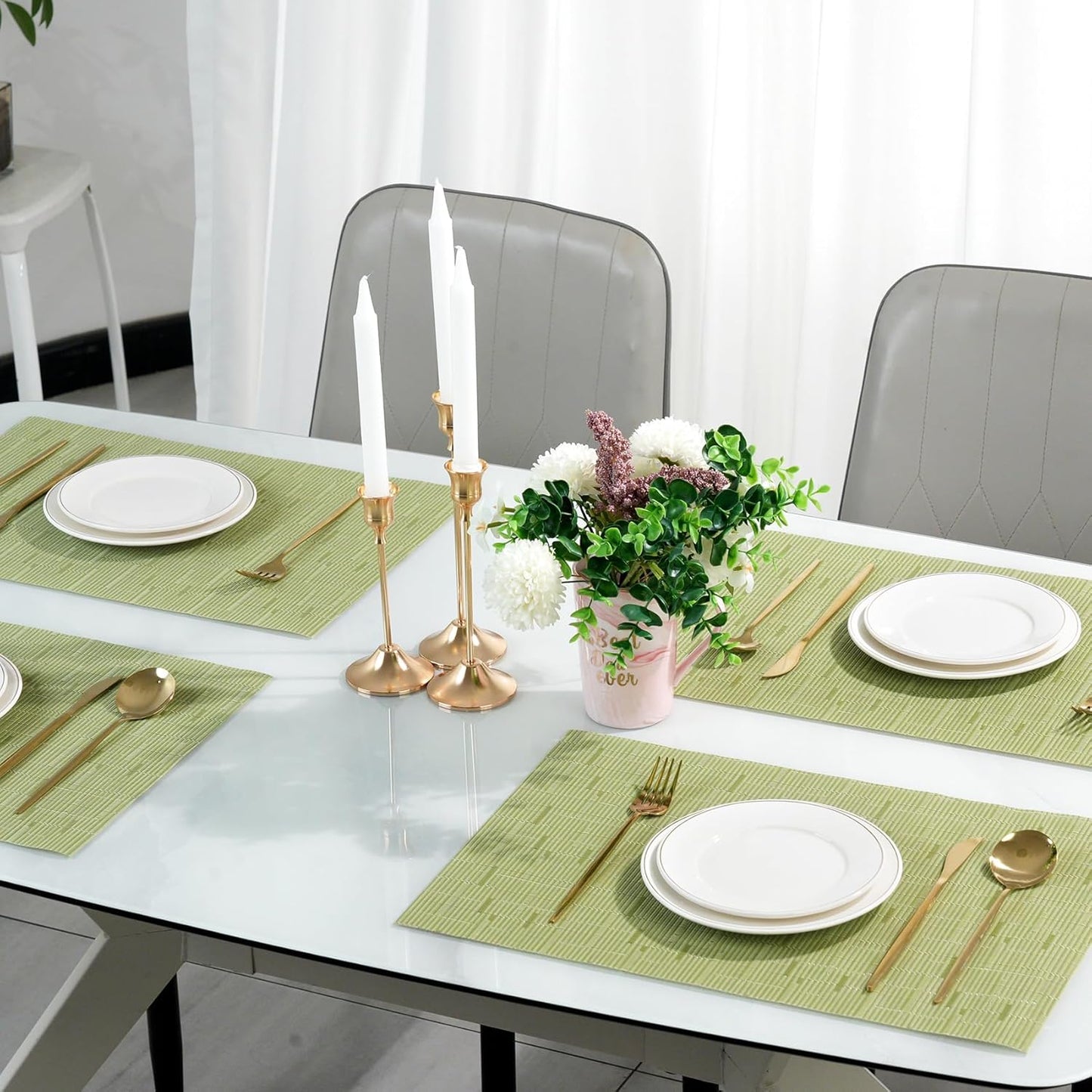 Placemats Set of 12，Non-Slip PVC Weave Table Mats Easy to Clean，Heat Resistant Place Mats for Kitchen Dining Table Decoration Indoor Outdoor，Pea Green