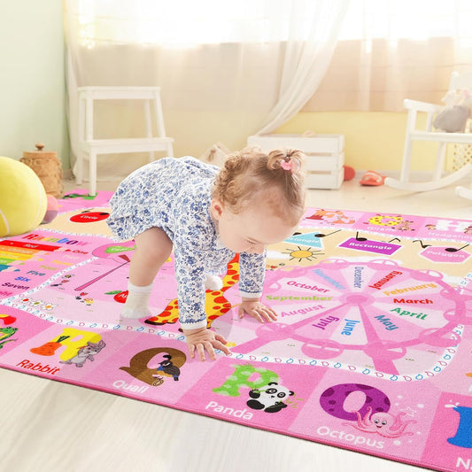 Kids Rugs for Playroom Bedroom Classroom Nursery, Non-Slip and Washable Rugs for Children Toddlers Girls, Educational and Fun Rug Carpets with ABC Alphabet Animals Shapes, 4x6, Pink