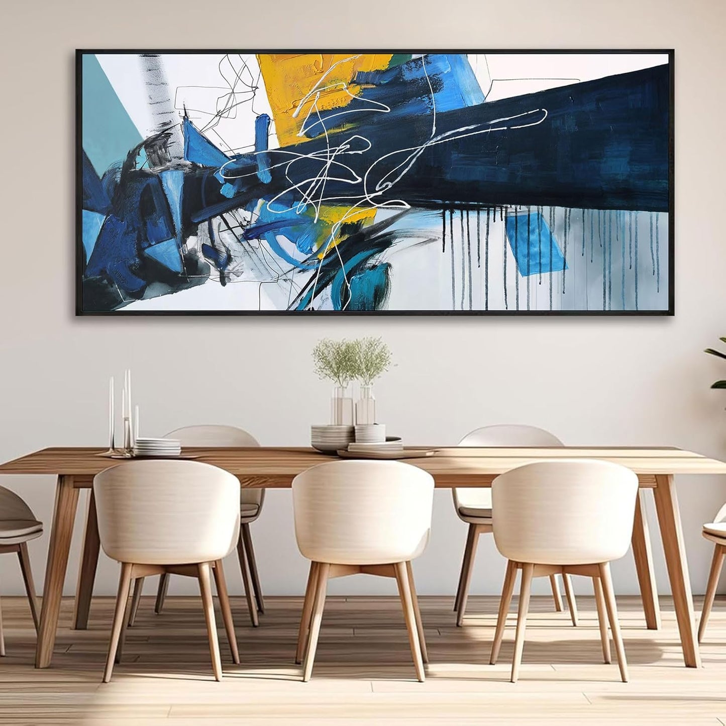 KLAKLA Extra Large Wall Art for Living Room - Blue and white Canvas Framed Wall Decor Living Room Abstract Picture Artwork for Office Bedroom Decorative Paintings