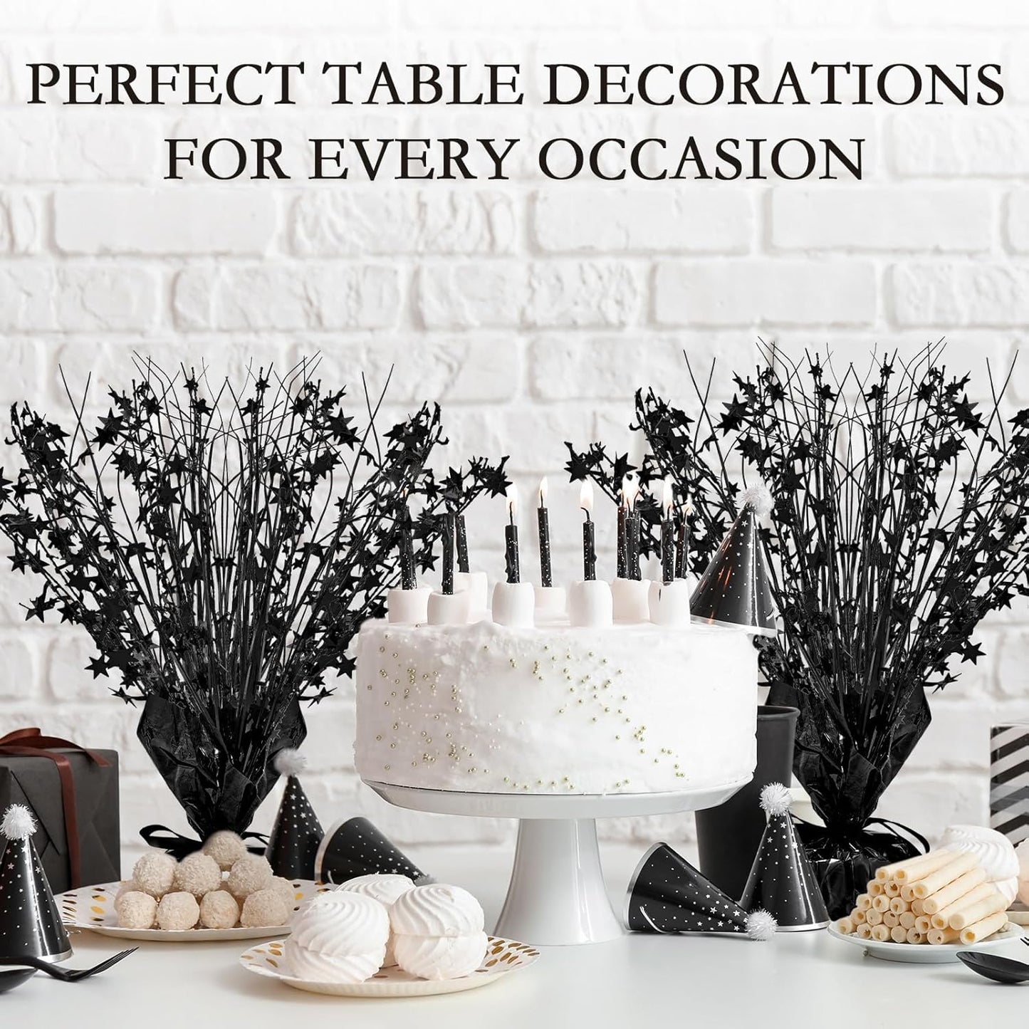 Crowye 18 Pieces Metallic Foil Spray Centerpiece Party Star Table Decoration Burst Metallic Table Centerpieces for Birthday Party Season Holiday(Black)