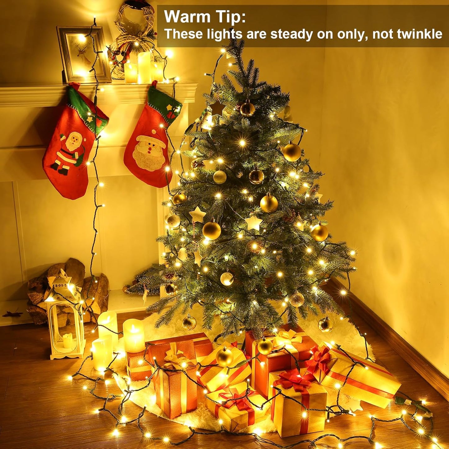 Brizled 33ft 100 LED Christmas Tree Lights - Steady On Only, 5mm Wide Angle, Connectable 120V UL Certified Warm White Lights for Xmas Tree, Party, Indoor/Outdoor