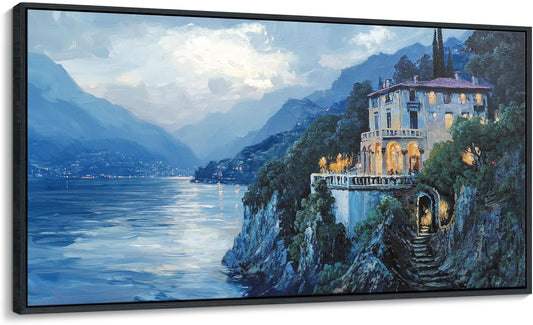 QZQCBLC Large Wall Art Bedroom, Blue Mountains Lake Houses Green Trees Landscape Framed Oil Paintings Canvas Printi Artwork for Living room Home Kitchen Office Pictures Wall Decor 29x58 IN