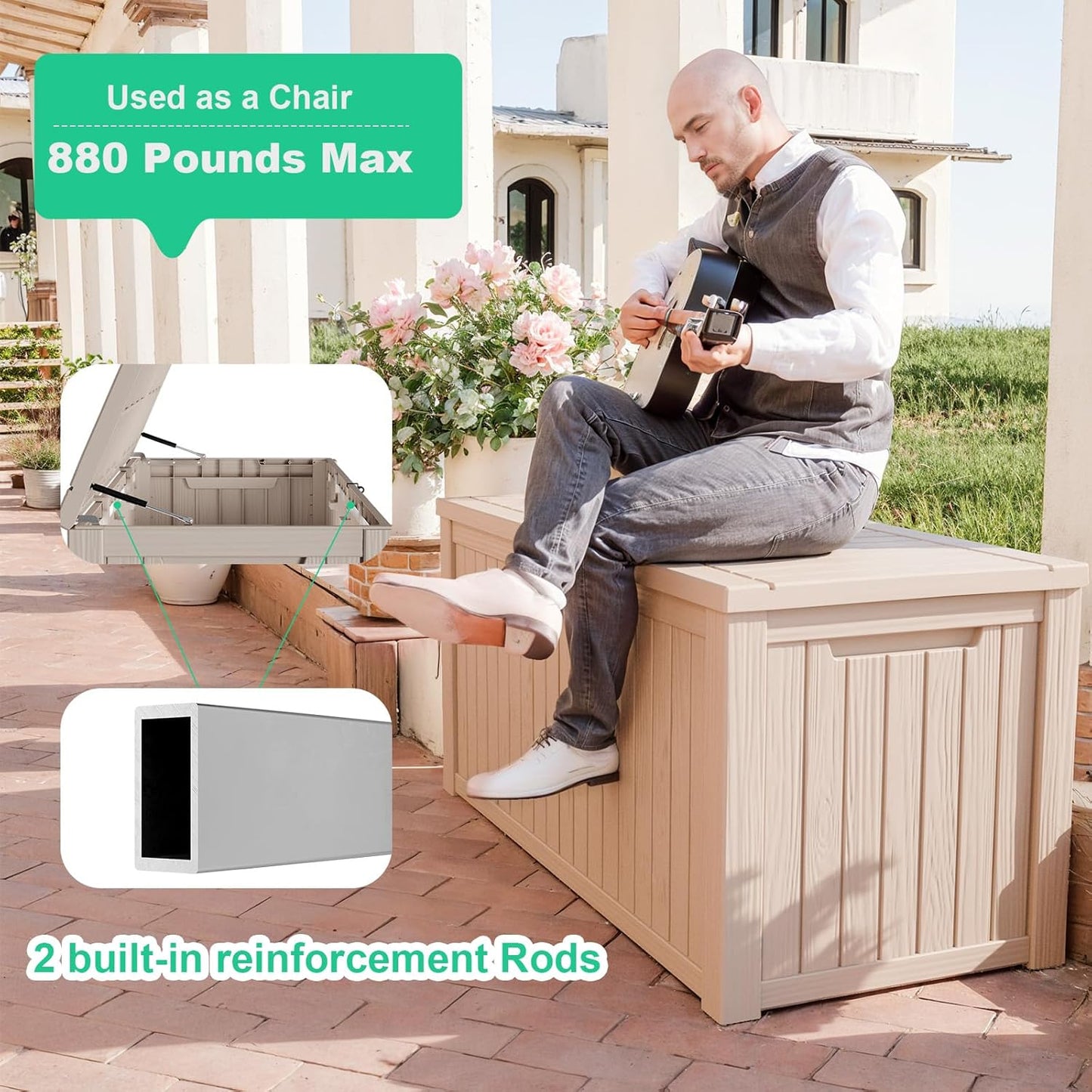 180 Gallon Resin Deck Box, Lockable Patio Outdoor Storage Box for Furniture, Garden Tools and Tools Storage, Waterproof Outside Storage Boxes - Grey