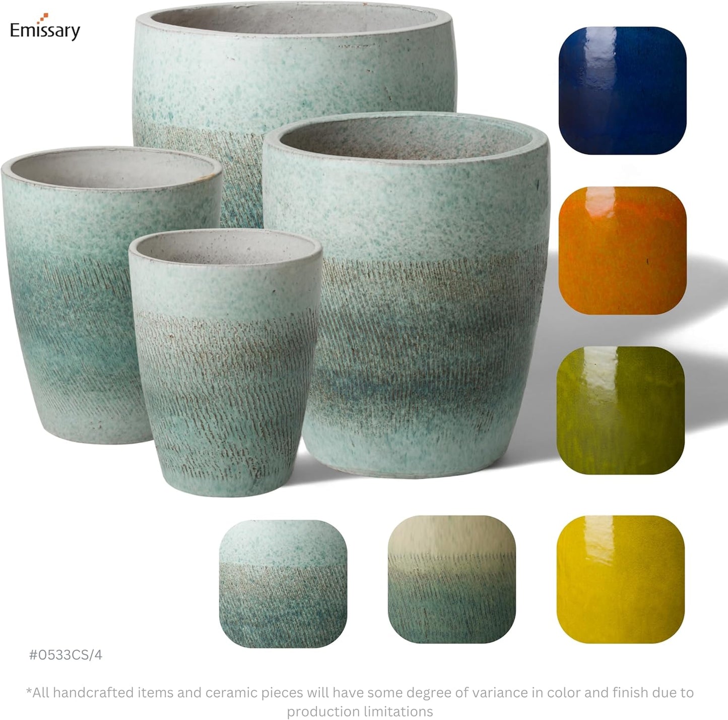 Emissary Home and Garden Bullet 12in., 14in., 15.5in., 21in. H Coastal Splash Ceramic Round Planters with Drainage Hole (Set of 4)