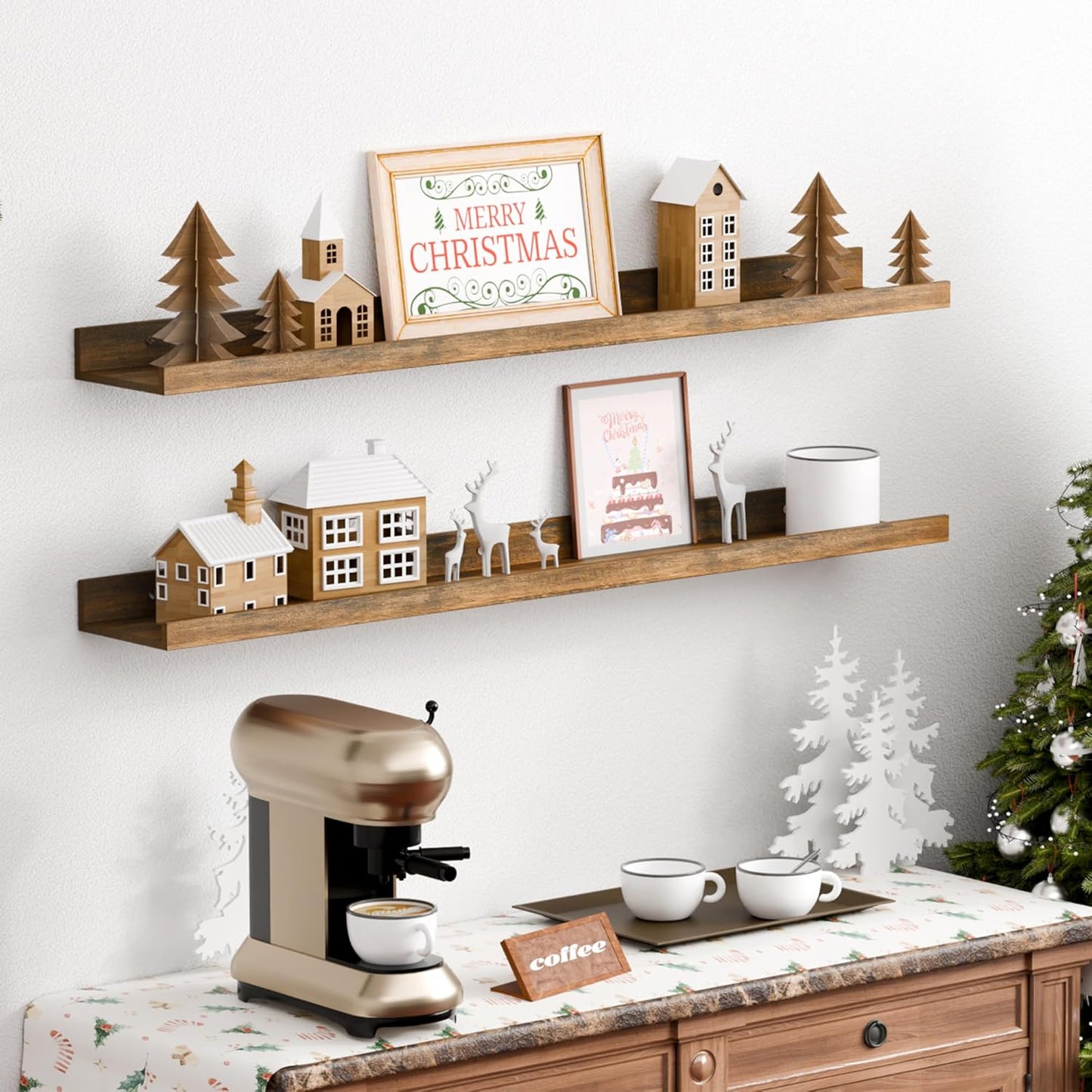 upsimples Floating Shelves for Wall, Wall Shelves for Decor Storage Set of 6, Wall Mounted Wood Shelf for Bedroom, Living Room, Bathroom, Kitchen, 35.5 inch Long Picture Ledge Shelf, Brown