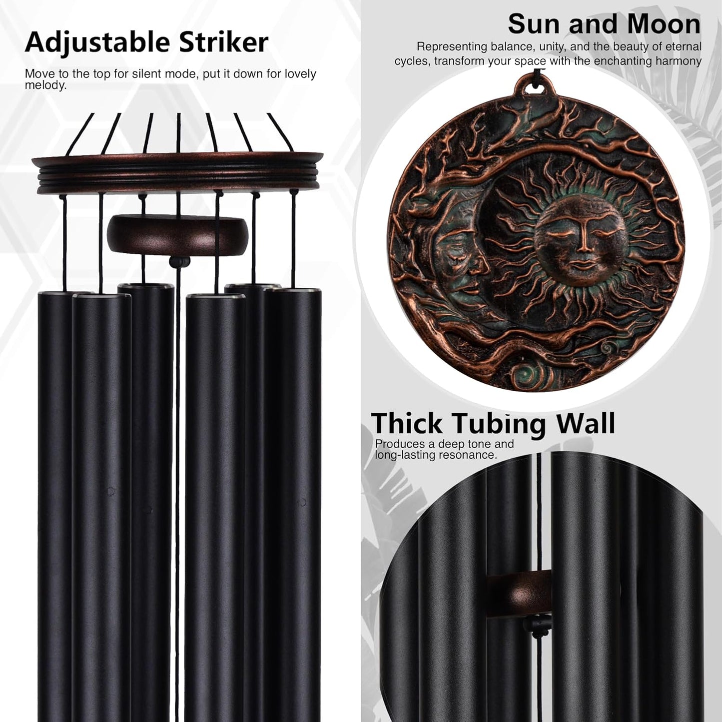 Vanquer Large Wind Chimes for Outside Deep Tone - 46'' Wind Chimes Outdoor Clearance, Memorial Windchimes, Sympathy Gift, Outdoor Décor, Patio, Home Décor, Vintage Black (46" Sun and Moon)