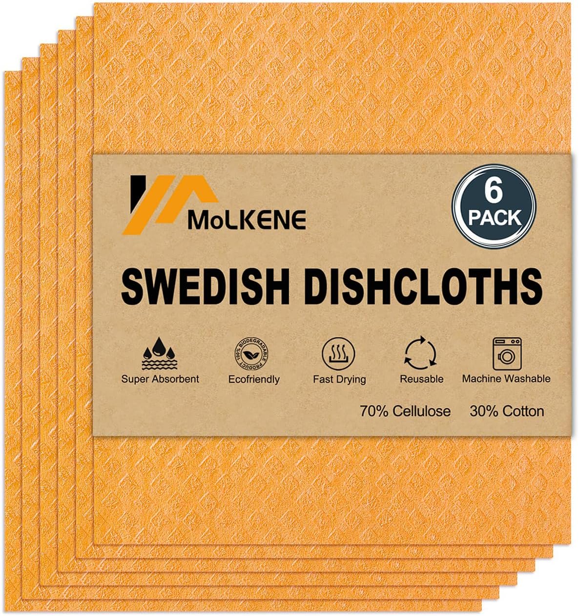 Swedish Dishcloths for Kitchen | 6 Pack Absorbent Cellulose Sponge Cloths Washable | Non-Scratch Reusable Paper Towels Quick Drying Cleaning Cloths - Orange