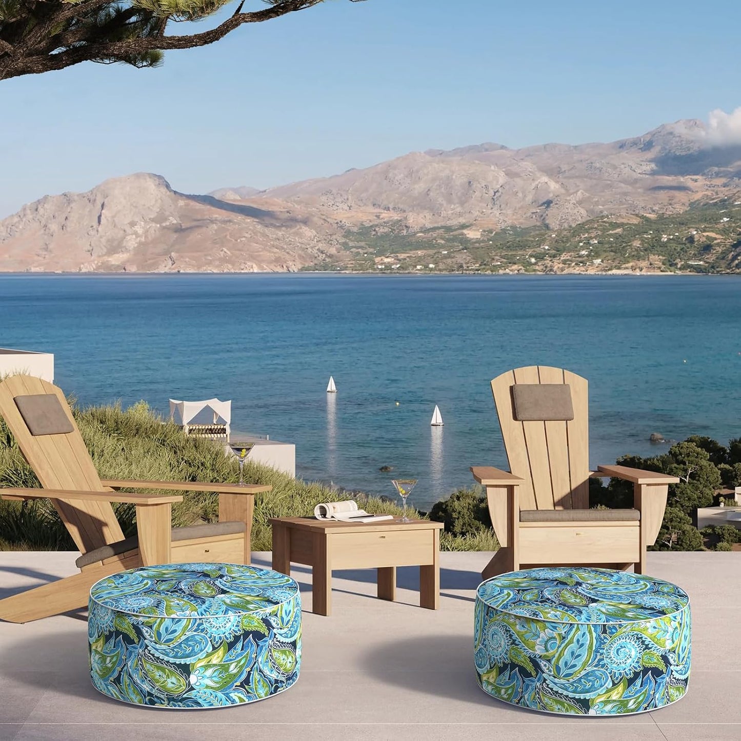 Inflatable Ottoman Stool D21 xH9 for Outdoor/Indoor Use, Water Repellent Patio Foot Rest with Portable Handle,Round Pouf Ottoman Suitable for Garden,Deck and Camping - Paisley Lapis Green