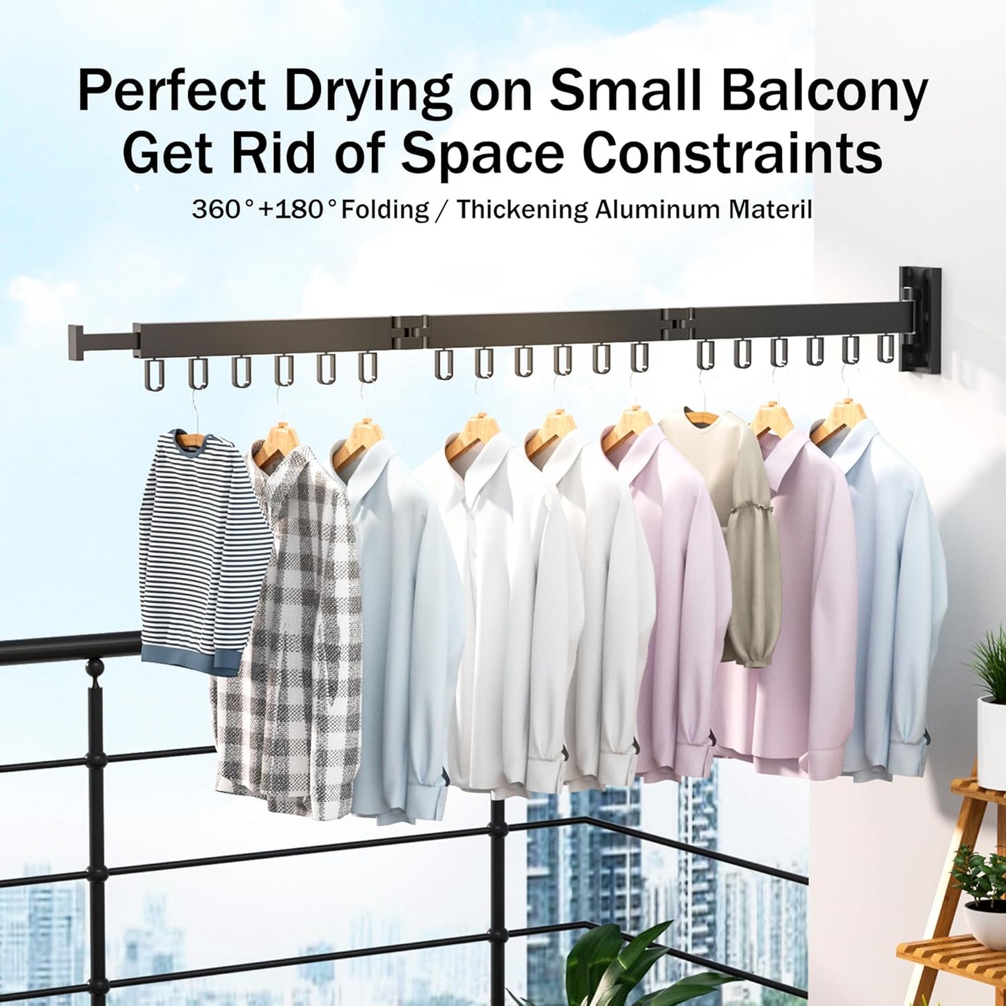Space Saver Clothes Drying Rack, Wall Mounted, Retractable, Collapsible(Tri-Fold), for Balcony, Bathroom, Black Color