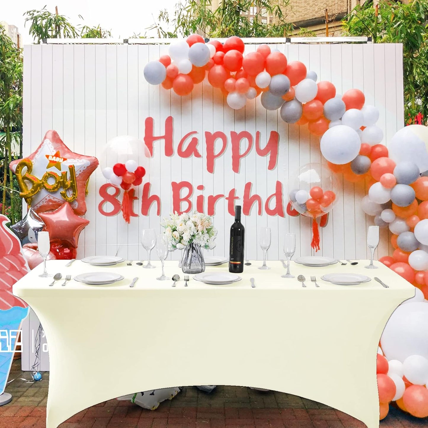 SuperO Waterproof Spandex Table Cover for 8FT Table Universal Fitted Stretch Tablecloth for Party, Banquet, Wedding and Events-Ivory